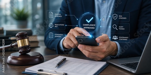 Compliance approval process in business office setting digital interaction professional environment close-up view