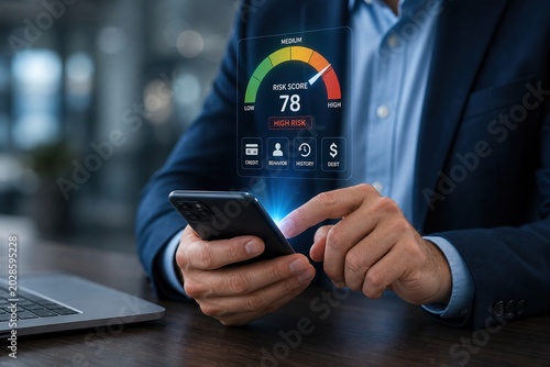 Risk assessment action on mobile device office environment digital content professional viewpoint business concept