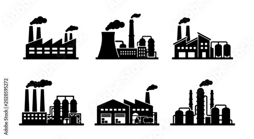 Foto Industrial Factory Silhouettes, Manufacturing Plant Icons, Power Generation Buil
