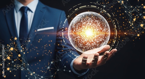 Businessman holding glowing sphere network connection data visualization futuristic technology business intelligence digital transformation abstract concept