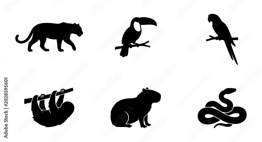 Fototapeta premium Jungle Animals Silhouette Set, Tropical Wildlife Vector Icons, Exotic Creatures Collection