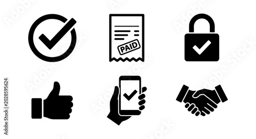 Foto Business Icons Set: Checkmark, Paid Receipt, Lock, Thumbs Up, Mobile Payment, Ha