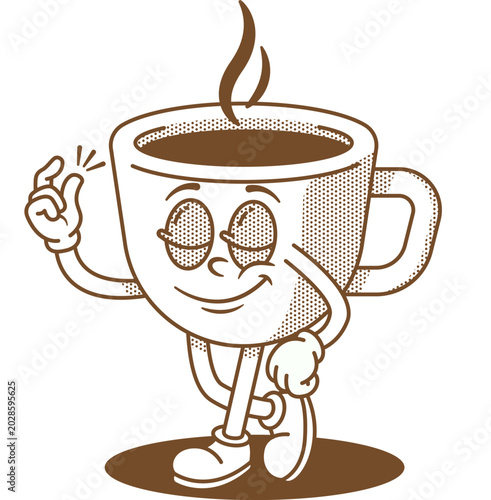 Groovy Retro Cup Coffee Character Snapping Fingers, Fun Cute Cartoon Illustration of Cool Confident Smiling Cup Coffee Shape with Snap Gesture in Vintage Groovy Style