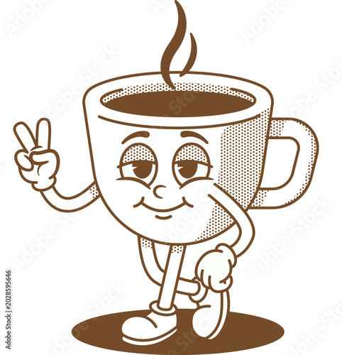 Groovy Retro Cup Coffee Character Winking and Giving Peace Sign, Fun Cute Cartoon Illustration of Cool Cheerful Cup Coffee Shape with Victory Gesture in Vintage Groovy Style 