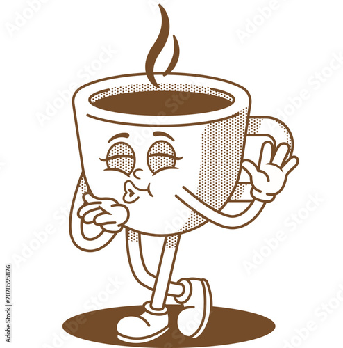 Groovy Retro Cup Coffee Character Blowing a Kiss, Fun Cute Cartoon Illustration of Romantic Flirty Smiling Cup Coffee Shape with Kissing Gesture in Vintage Groovy Style