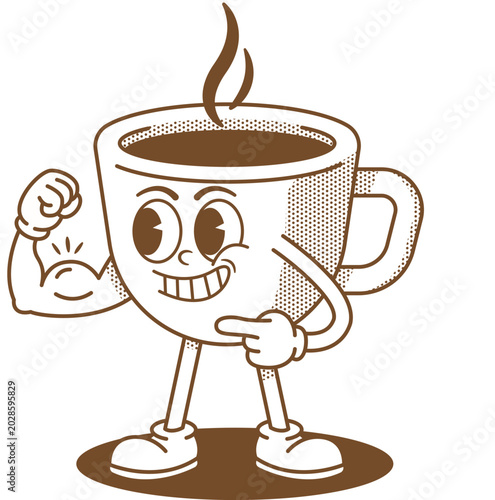 Groovy Retro Cup Coffee Character Flexing Bicep Muscle, Fun Cute Cartoon Illustration of Strong Confident Powerful Cup Coffee Shape with Flex Arm Pose in Vintage Groovy Style