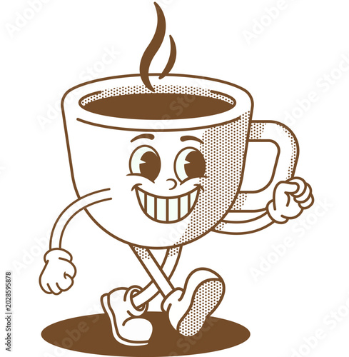 Groovy Retro Cup Coffee Character Walking with Confident Stride, Fun Cute Cartoon Illustration of Cool Happy Strolling Cup Coffee Shape with Casual Walk Pose in Vintage Groovy Style
