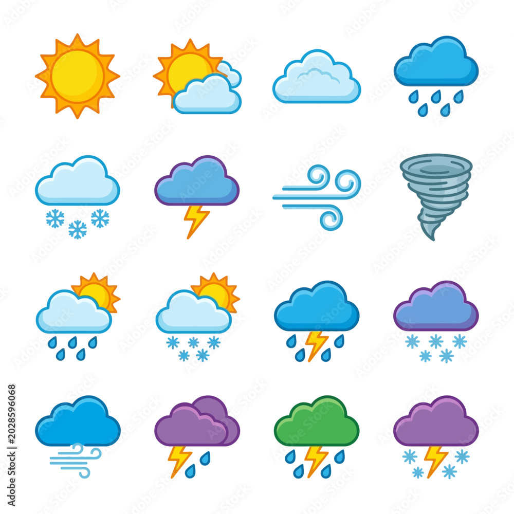 Fototapeta premium Colorful weather icons set with sun cloud rain and lightning