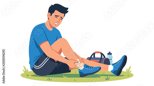Man tying shoelaces on blue running shoe outdoors