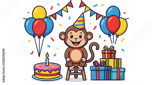 Cartoon monkey celebrating birthday with balloons and cake