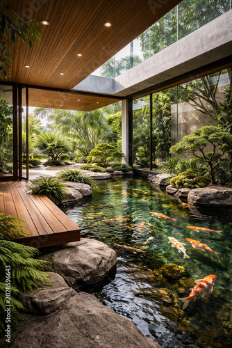 Tranquil Koi Pond Sanctuary: A serene Japanese-inspired garden featuring a crystal-clear pond teeming with vibrant koi fish, surrounded by lush greenery, natural stones.