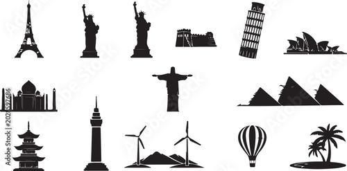 Silhouette icons of famous landmarks and monuments from around the world on white background
