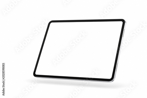 Modern Tablet Mockup: A sleek, modern tablet device with a blank, illuminated screen is presented in a clean, minimalist style, ideal for showcasing digital content and app designs.