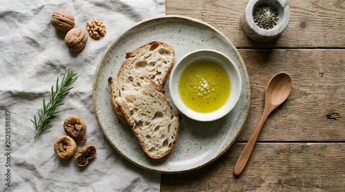 Rustic overhead view of sliced sourdough bread with olive oil, walnuts, and figs on a wooden table with linen.