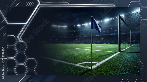 Golden Corner Flag on Soccer Field inside Grand Stadium, Generative AI