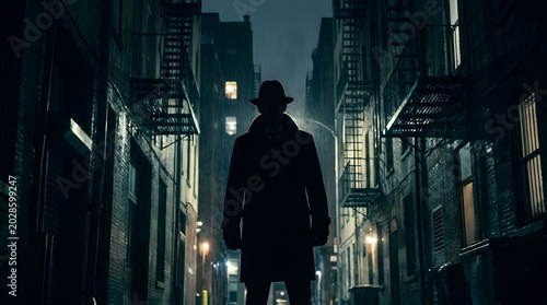 A mysterious figure in a fedora and trench coat stands silhouetted in a dark, gritty city alley at night.