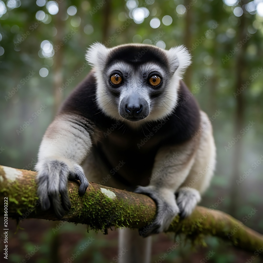 Fototapeta premium Alert Black and White Lemur Perched on Mossy Branch in Misty Forest