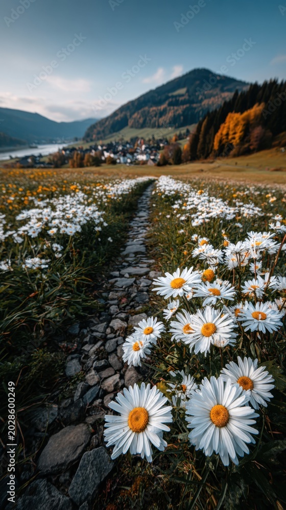 Fototapeta premium Daisy Meadow Path Leading to Mountain Village in Autumn.