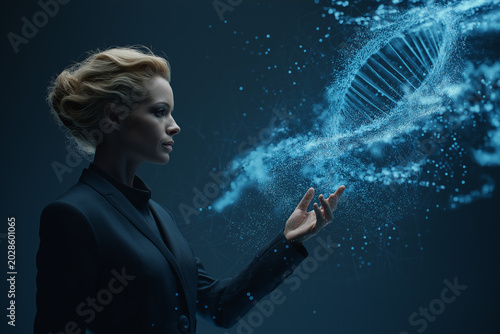 Woman Interacting with DNA Helix Digital Visualization