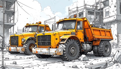Two yellow construction trucks
