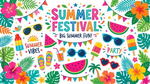 Vibrant summer festival graphic with tropical elements