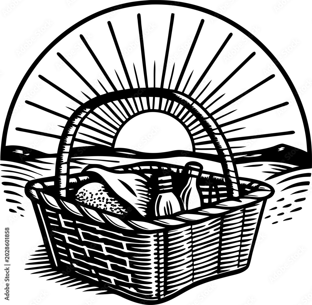 Obraz premium Wicker picnic basket with bread and bottles at sunrise over hills background