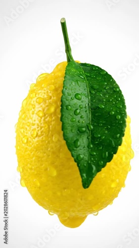 Fresh lemon with dew drops leaf on white