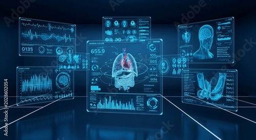 A futuristic blue user interface displaying multiple floating screens with medical scans, a 3D hologram of a human torso, lungs, brain scan, and glowing heart, representing advanced AI diagnostic 