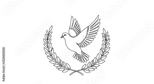 Foto Dove bird flying in olive branch wreath emblem, simple outline drawing, symbol o
