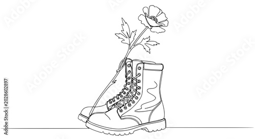 Tableau sur toile Soldier Boots with Poppy Flower Single Line Drawing - Symbol of Peace and Rememb