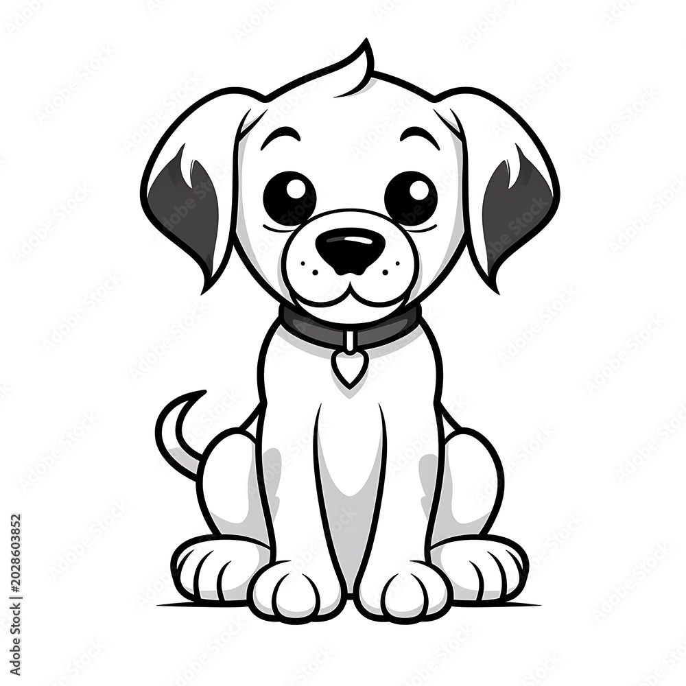 Fototapeta premium Cute cartoon puppy illustration in black and white, sitting with a collar and heart tag, featuring big expressive eyes and a friendly demeanor.
