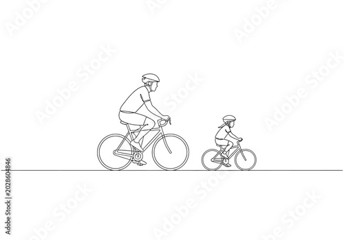 Continuous single line drawing of a parent and child cycling together with bicycles