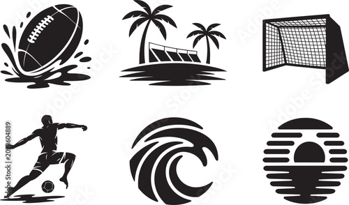 Sport and travel icons set featuring a rugby ball, soccer player, goal, beach, wave, and sunset and sports and black and white in outline style