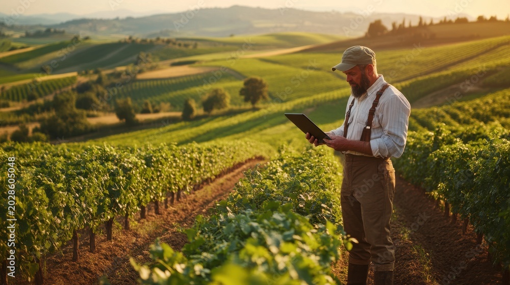 Fototapeta premium A farmer using a tablet for field work in a scenic landscape