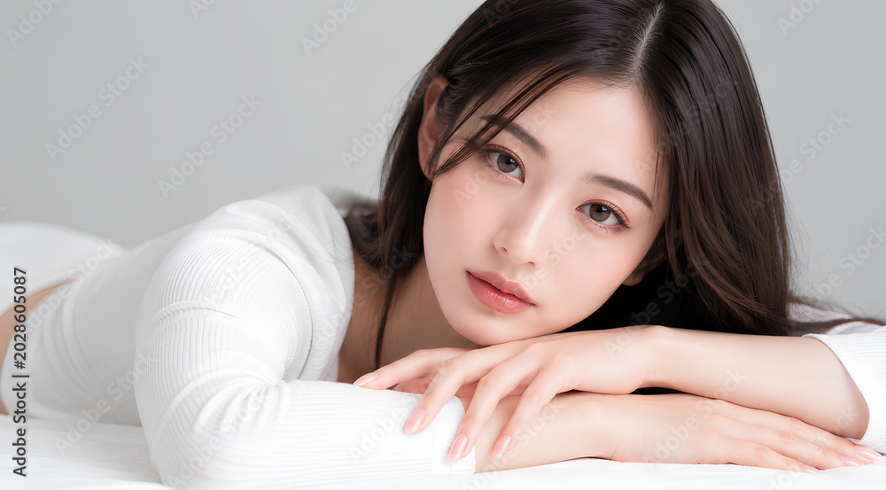 Obraz premium Beautiful Young Asian Woman Lying Down and Resting Chin on Hands Studio Portrait