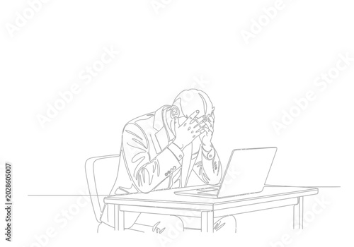 Minimalist sketch of a stressed professional sitting at a desk with a laptop, computer