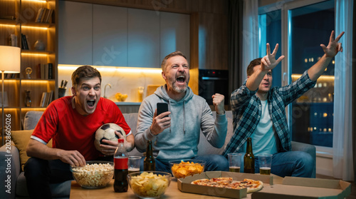 Friends enjoying football game night with snacks and drinks during Football World Cup 2026 broadcast, vibrant sports lifestyle scene celebrating community spirit and match excitementOpened ingredient