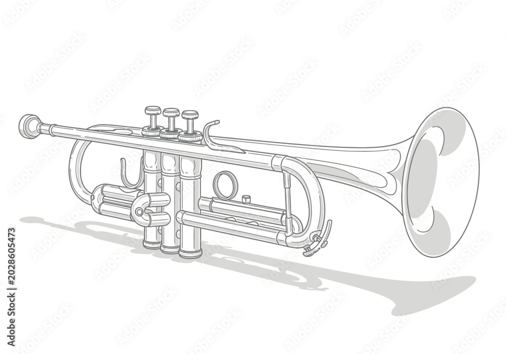 Obraz premium Black and white line art illustration of a trumpet musical instrument with instrument