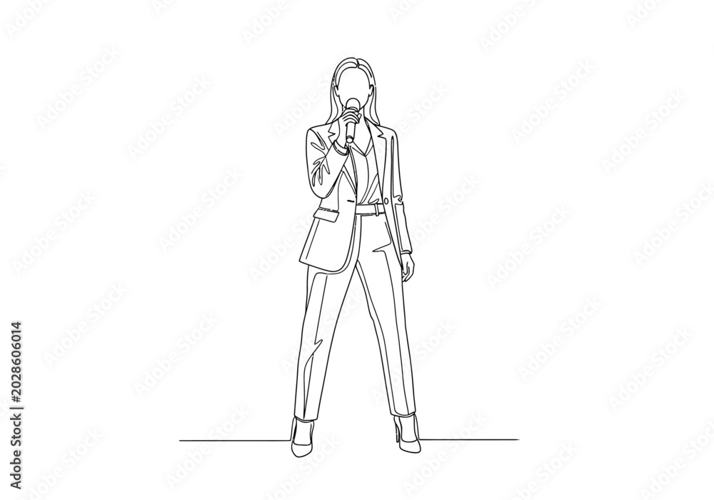 Fototapeta premium Elegant woman in business suit holding microphone for presentation or speech