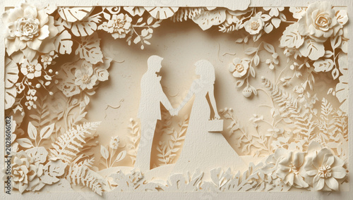 Wedding couple silhouette in intricate paper cut floral frame with cream tones and botanical details