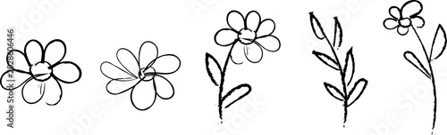 Simple line drawing of four minimalist flowers with leaves