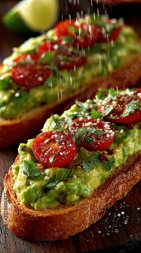 Delicious Avocado Toast with Cherry Tomatoes and Lime.