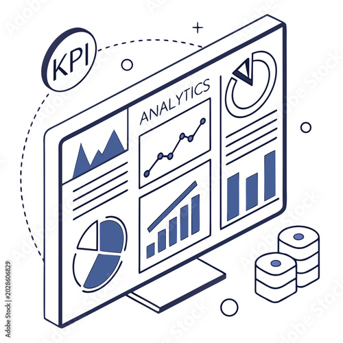 Kpi analytics graph on computer screen with coins