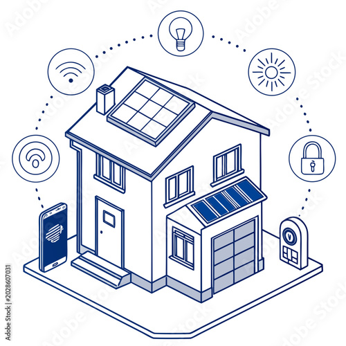 Smart home with solar panels and automation icons
