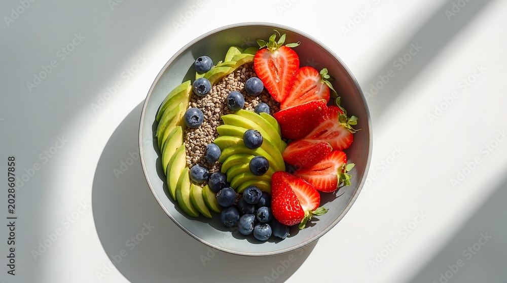 © Tharusha - Healthy breakfast bowl with fresh avocado strawberries and blueberries