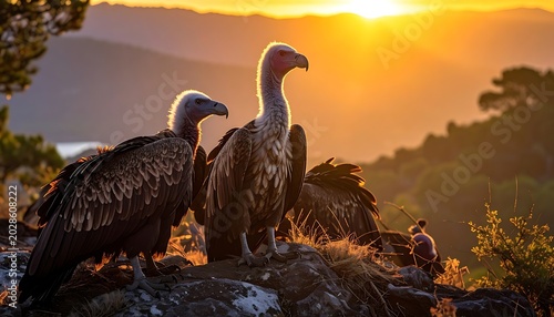 Two vultures perch atop a rocky outcrop bathed in golden light as sun sets over a hazy, distant landscape