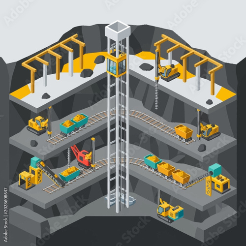 An isometric illustration of a mining operation with multiple levels and machinery.