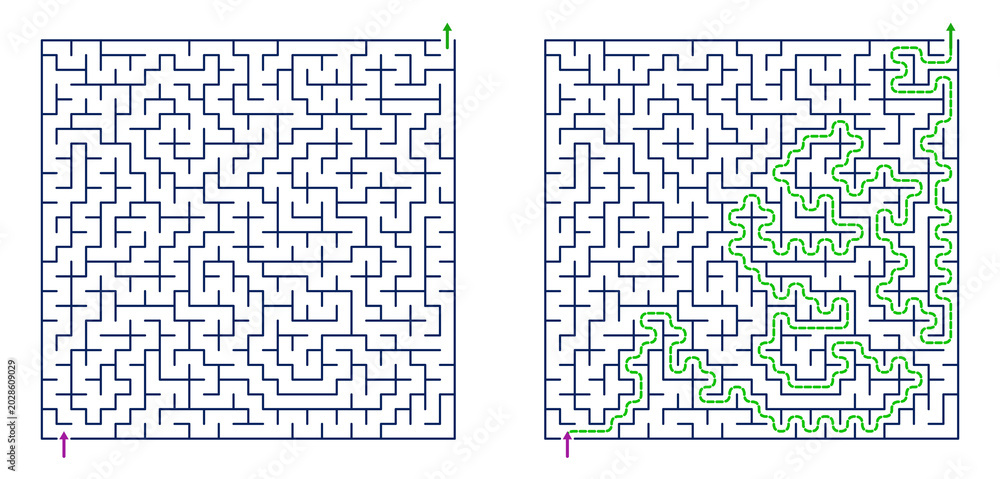 Obraz premium Maze puzzle with solution path traced in green on white background 