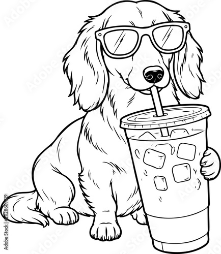 Cool Dachshund Dog Wearing Sunglasses Drinking Iced Coffee Vector Illustration.