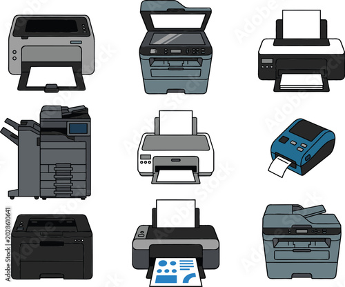 Photos Collection of office printers and multifunction copier vector illustrations feat